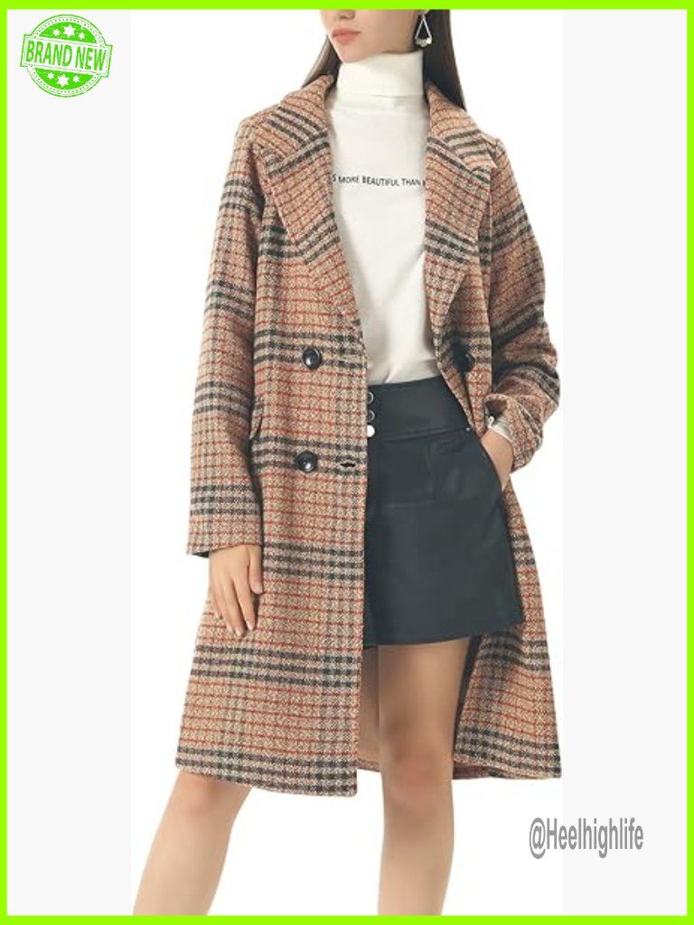 Notched Collar Double Breasted Plaid Wool Blend Long Trench Coat